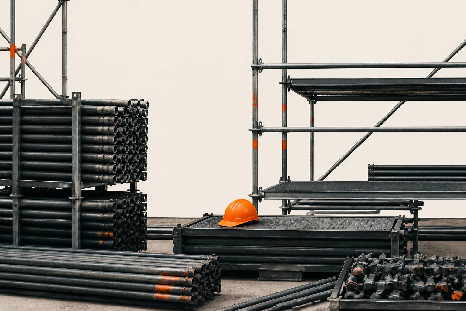 Tubes et plateformes d'échafaudage en cours de montage sur un chantier