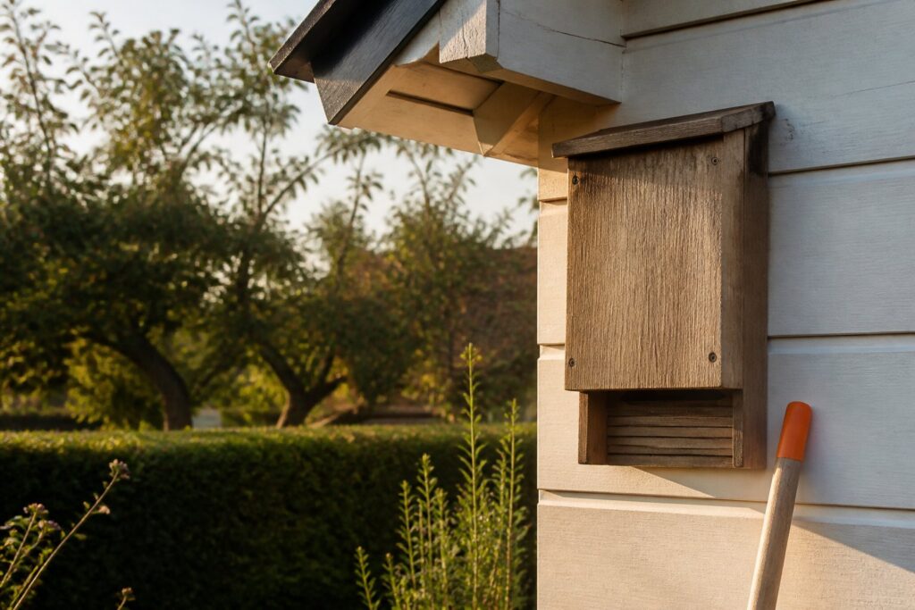 Nichoir à chauve-souris en bois fixé sous l'avant-toit d'une maison de jardin