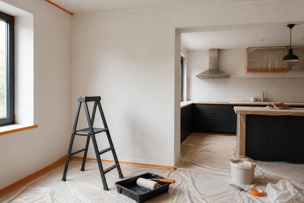 Mur de cuisine fraîchement peint avec rouleau et bac de peinture