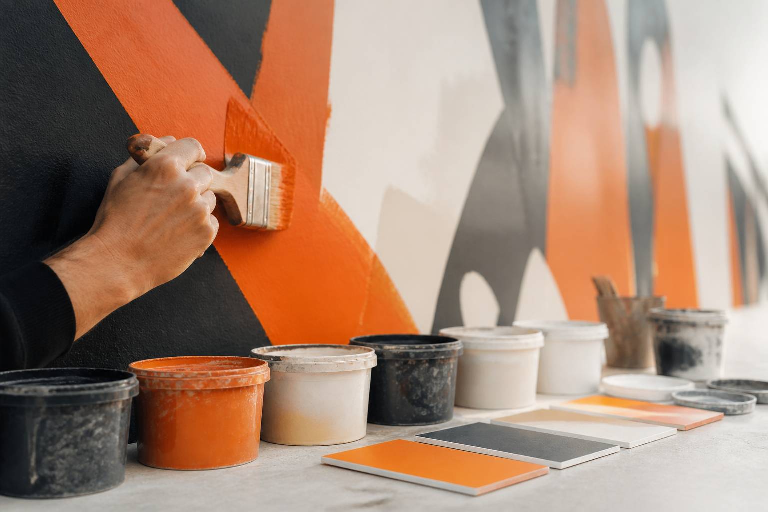 Main appliquant une touche de couleur sur une fresque murale