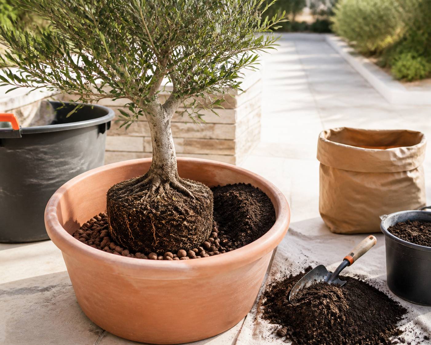 Plantation d'un olivier dans un grand pot en terre cuite avec billes d'argile et substrat drainant