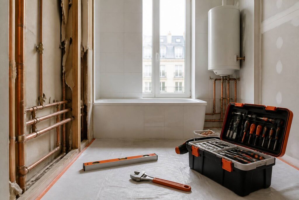 Tuyaux de cuivre et caisse à outils dans une salle de bain