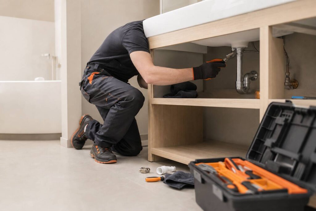 Artisan plombier intervenant sous un évier avec ses outils