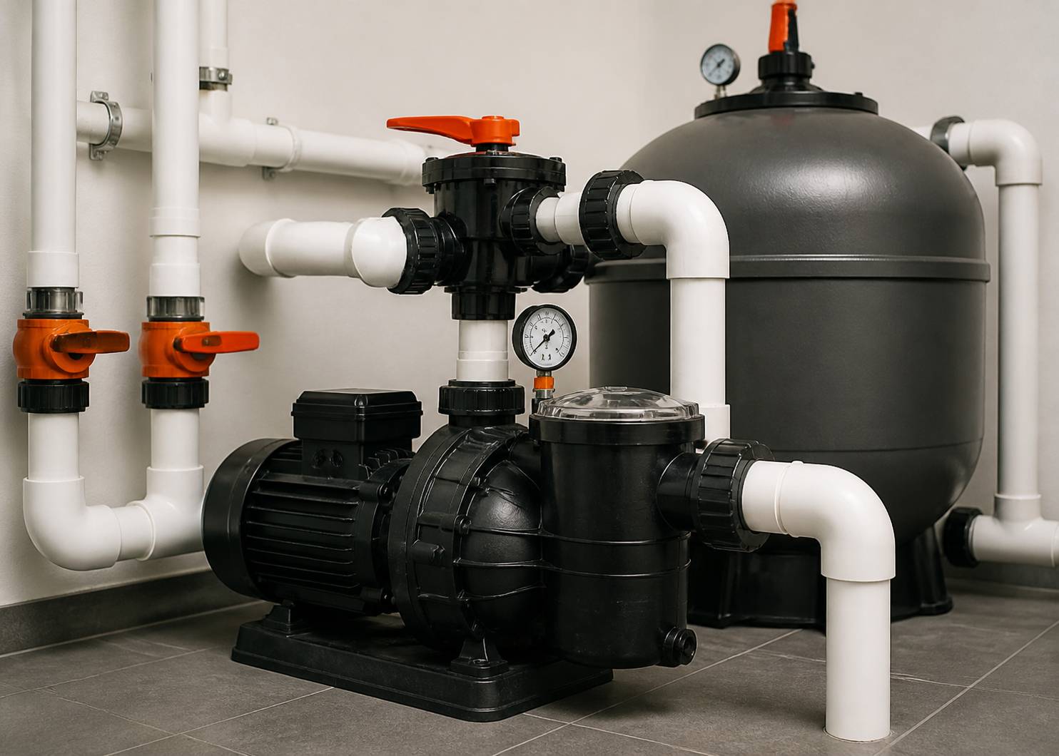 Pompe de piscine et filtre reliés par des tuyaux PVC