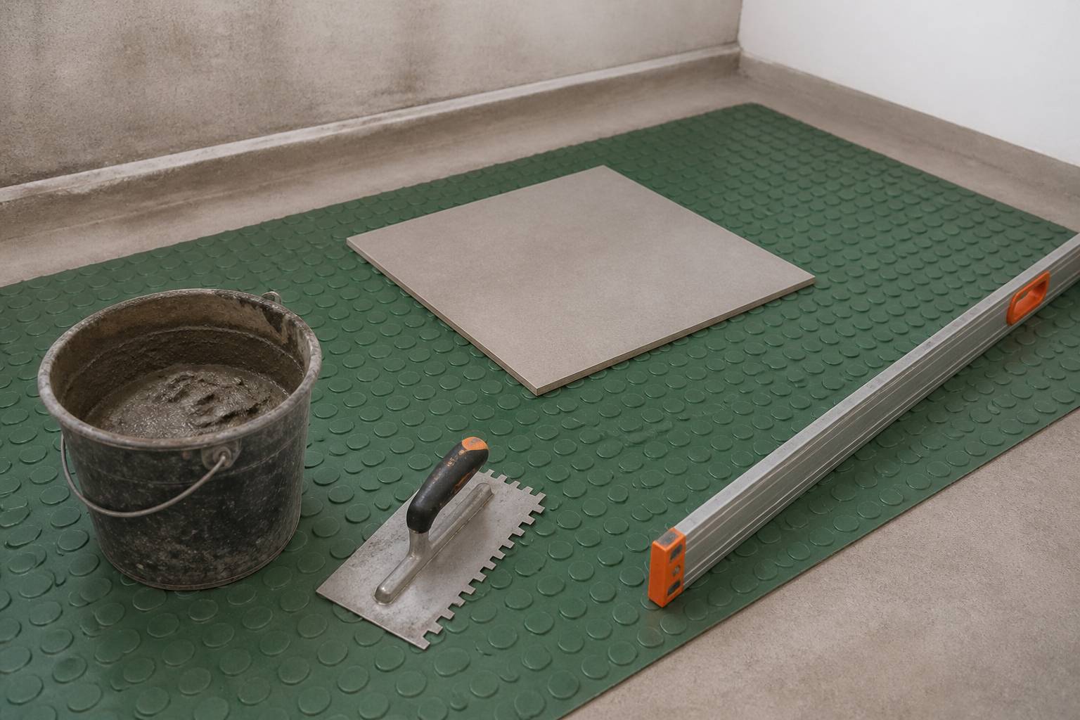 Pose d'une natte de découplage avec truelle et carreaux sur un chantier propre