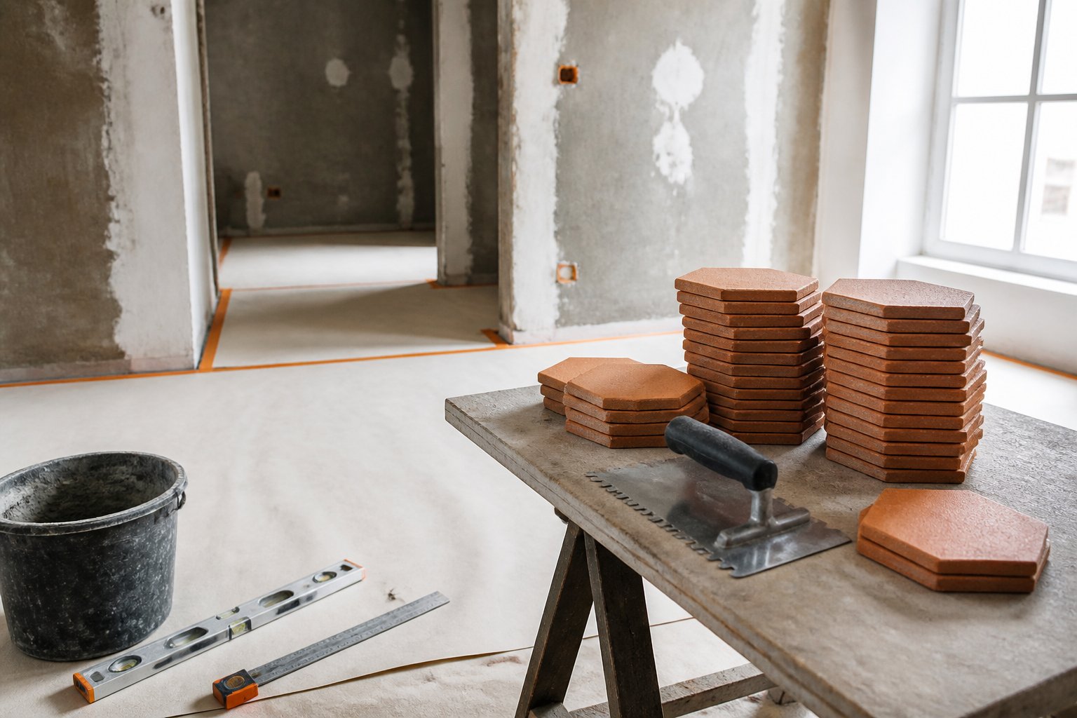 Carreaux de tomettes empilés avec truelle, seau de mortier et niveau à bulle sur un chantier de rénovation