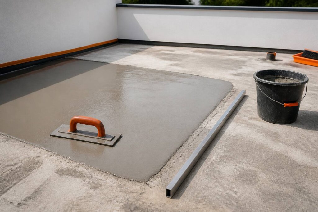 Dalle extérieure en béton recevant un ragréage lissé à la taloche