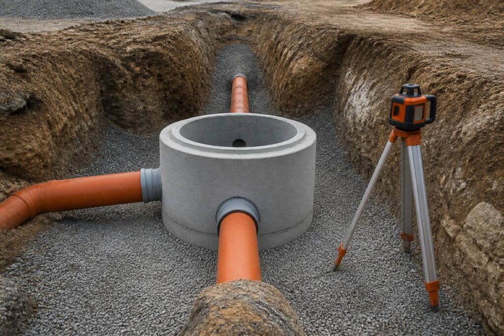 Regard béton préfabriqué posé dans une tranchée de chantier