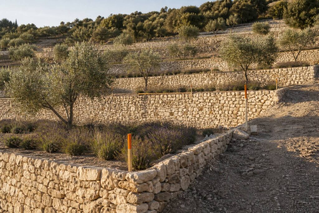 Terrain en pente aménagé en restanques avec murs de pierres sèches