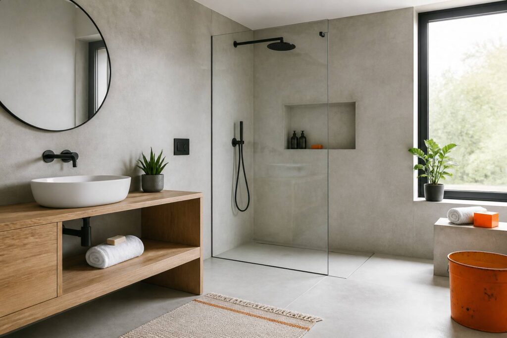 Salle de bain moderne aux murs et sol en béton ciré gris