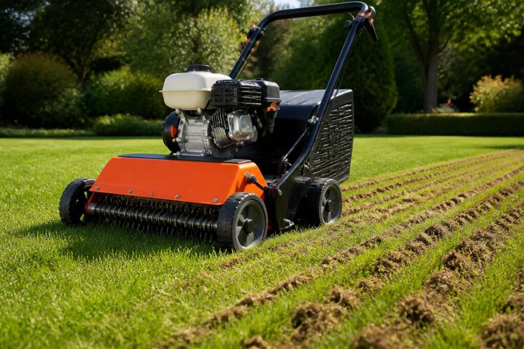 Scarificateur thermique sur une pelouse dense avec bandes de gazon scarifié