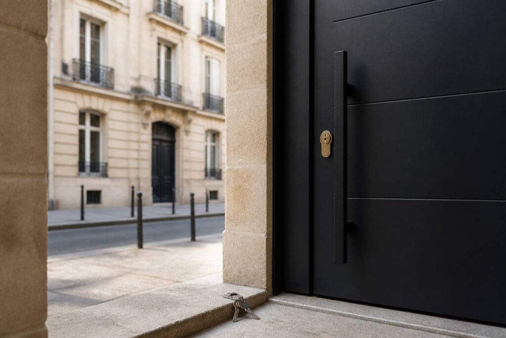 Porte blindée avec cylindre de serrure en laiton et trousseau de clés