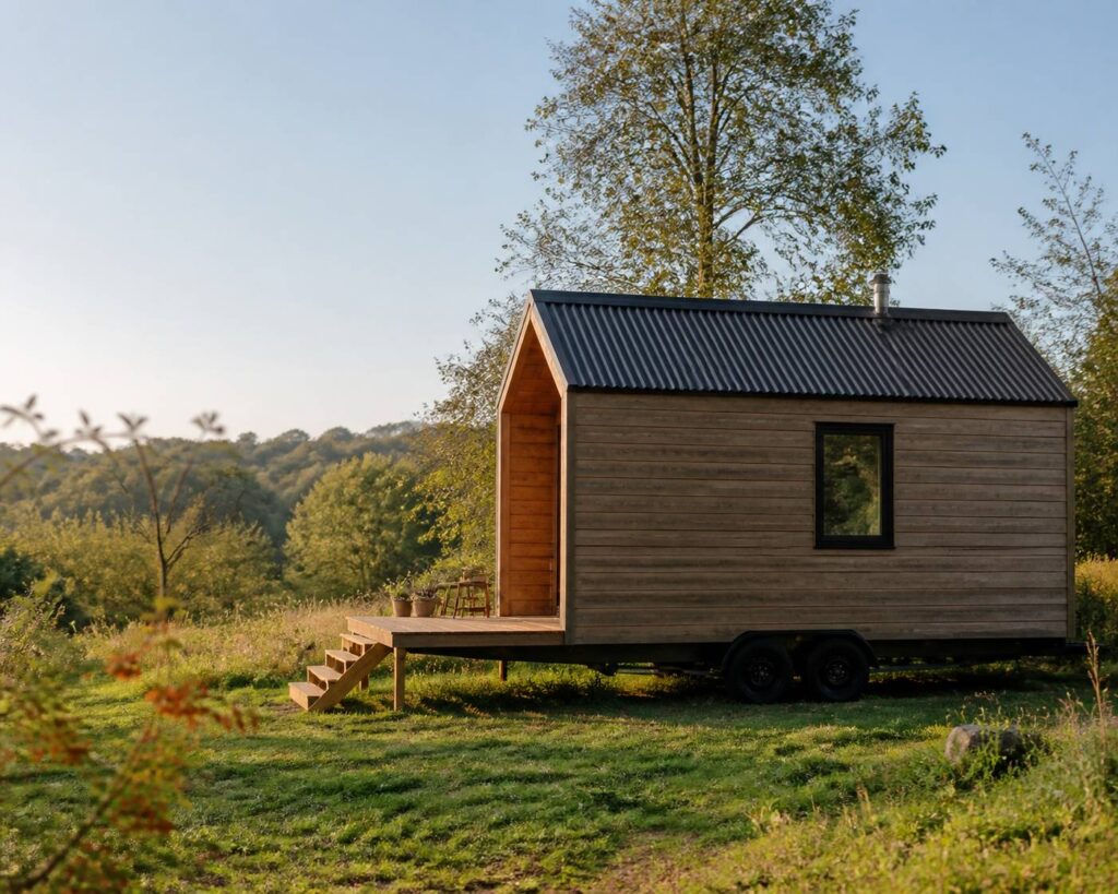 Tiny house en bois sur remorque posée sur un terrain herbeux avec petite terrasse