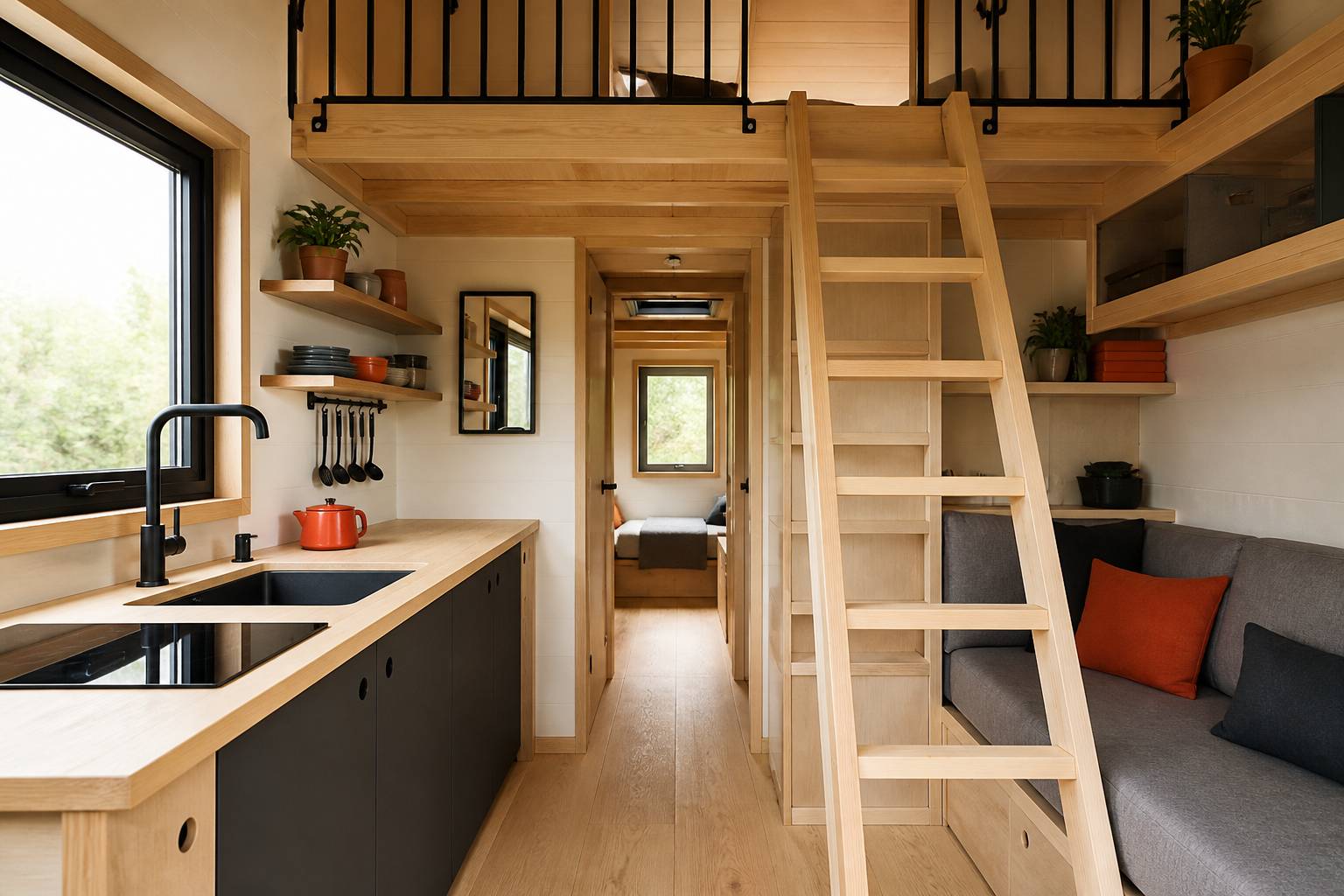 Intérieur de tiny house avec coin cuisine, canapé et échelle de mezzanine en bois clair