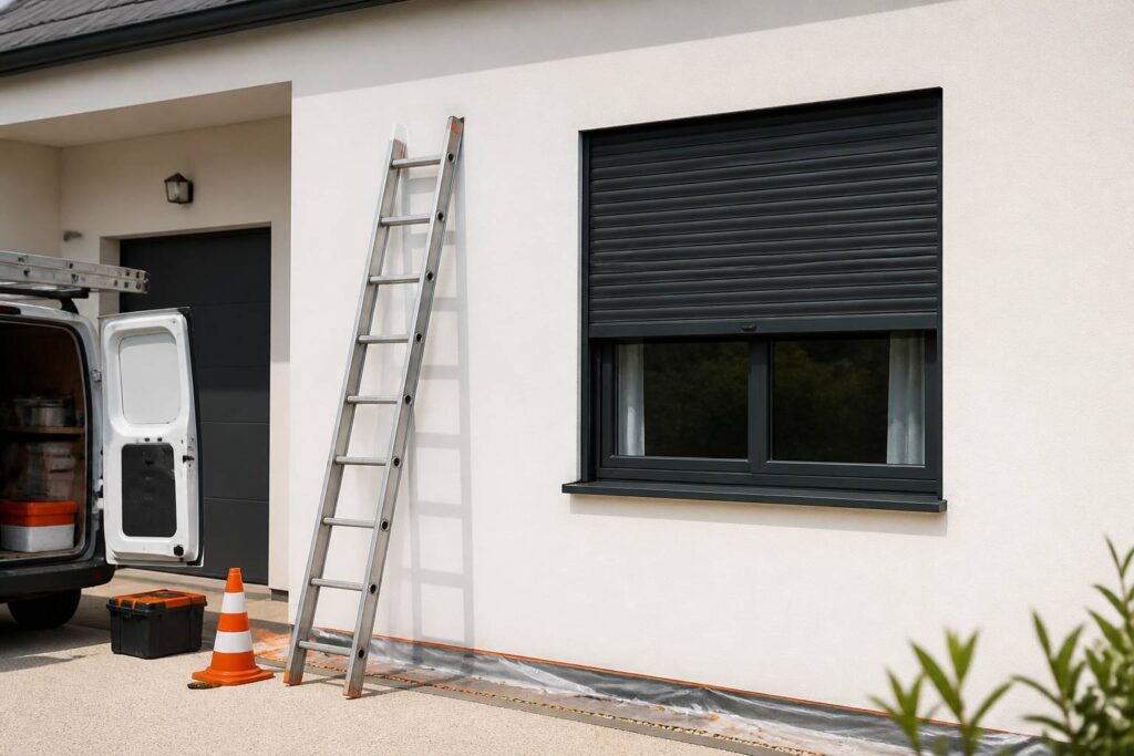 Volet roulant en aluminium anthracite sur la façade d'une maison rénovée