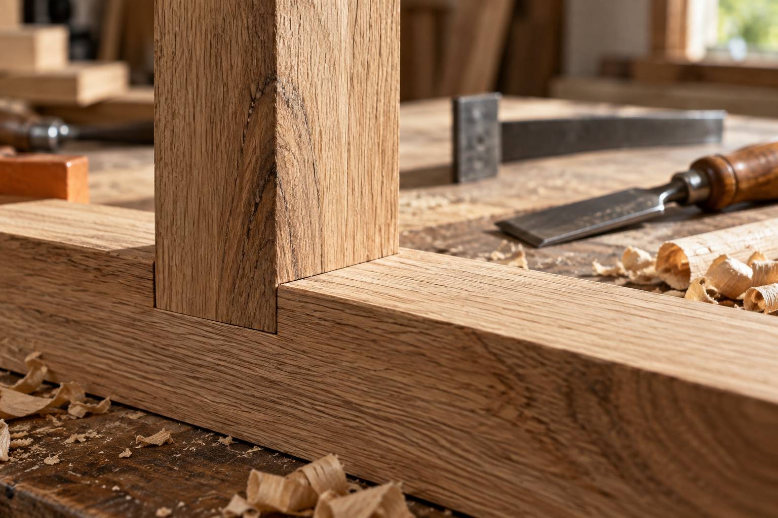 Gros plan sur un assemblage tenon-mortaise en bois ajusté à la main