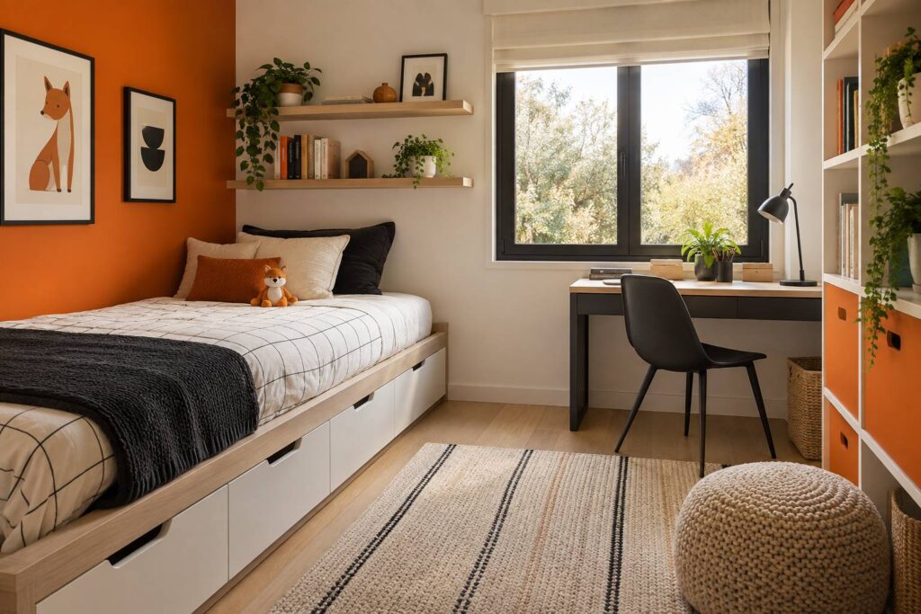 Chambre d'enfant avec lit à tiroirs, rangements verticaux et bureau