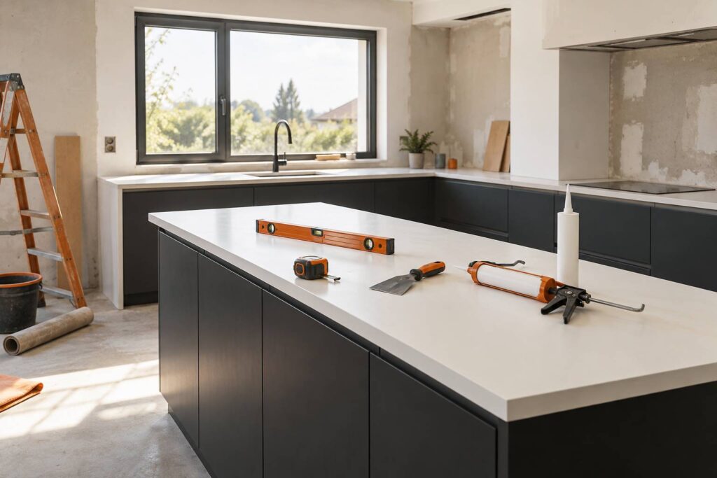 Cuisine en renovation avec plan de travail clair pose sur meubles bas et outils