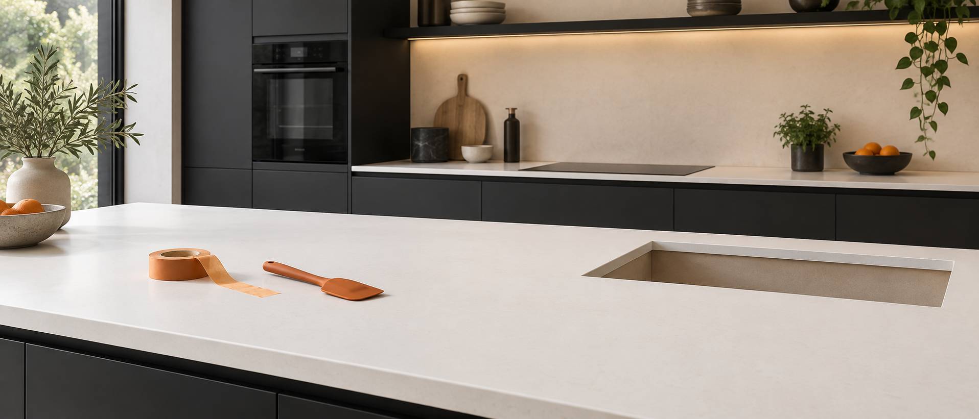 Plan de travail stratifie clair avec decoupe pour evier et outils de pose