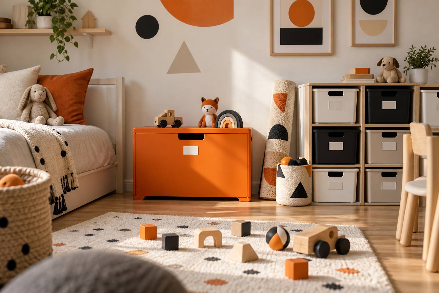 Coin jeu avec coffre à jouets et boîtes de rangement empilables