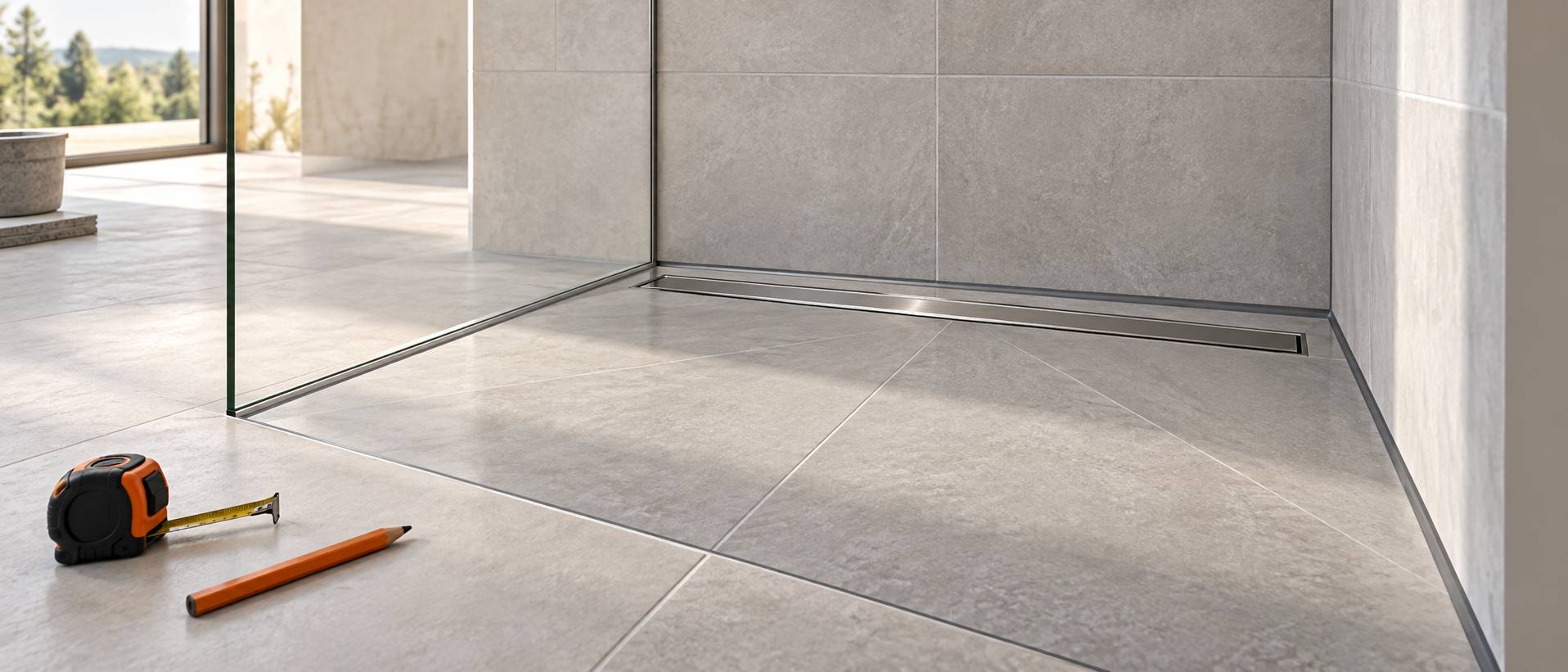 Receveur de douche de plain-pied avec grille linéaire inox affleurante