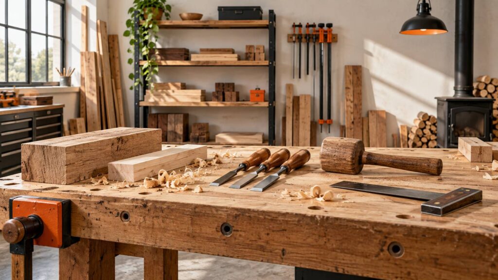 Établi de menuiserie avec pièces de bois brut, ciseaux à bois et maillet