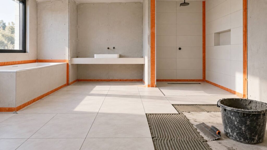 Salle de bain en chantier avec bande d'etancheite dans les angles