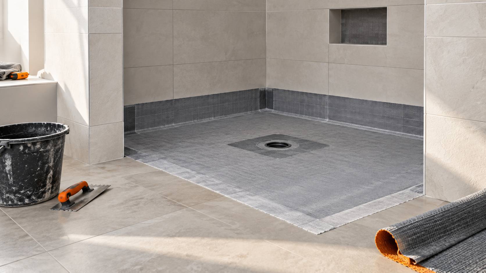 Receveur de douche en preparation avec natte d'etancheite et bonde