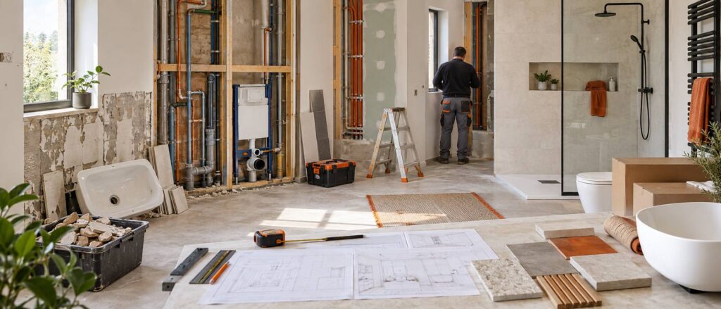 Illustration éditoriale du sujet : Faire appel à une entreprise pour sa salle de bain : ce qu'elle prend en charge