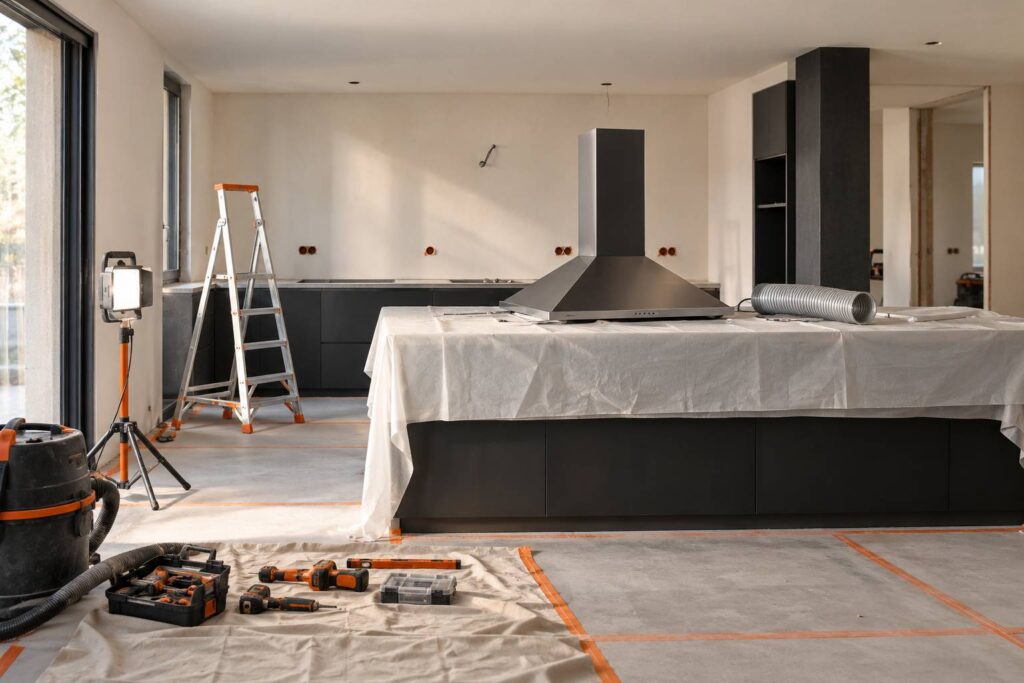Hotte aspirante generique posee sur un plan de cuisine en renovation