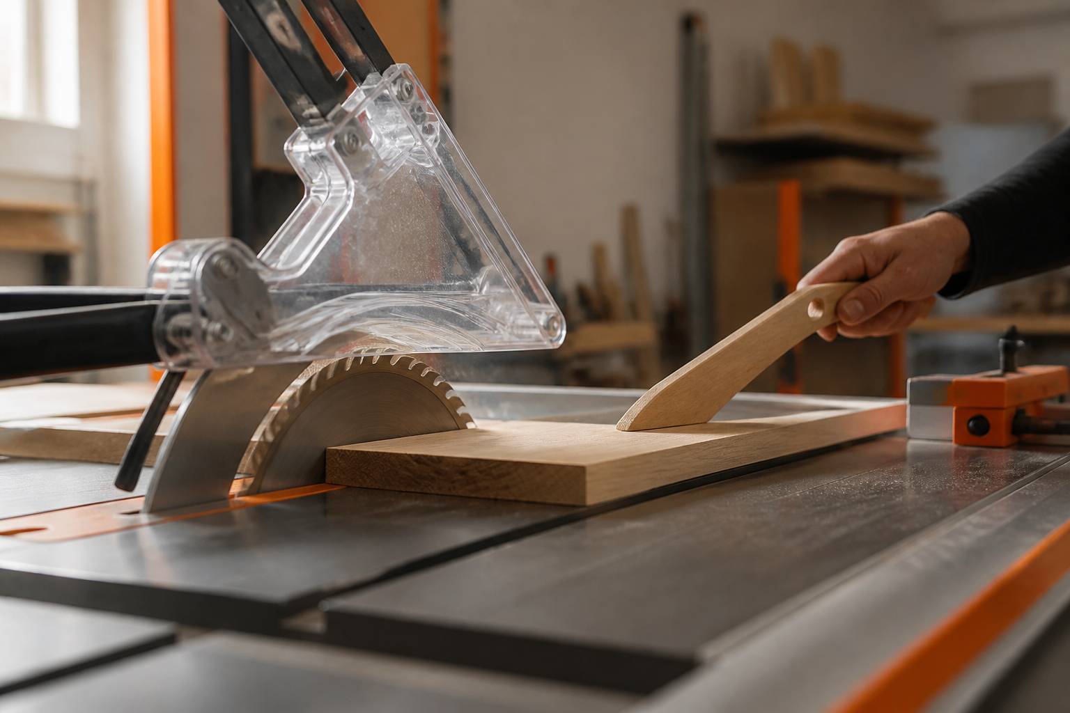 Lame de scie circulaire sur table avec couteau diviseur et poussoir