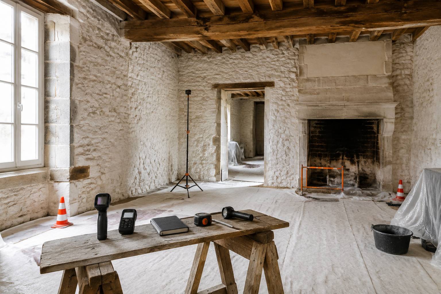 Pièce patrimoniale en rénovation avec murs en pierre et plancher en bois protégé
