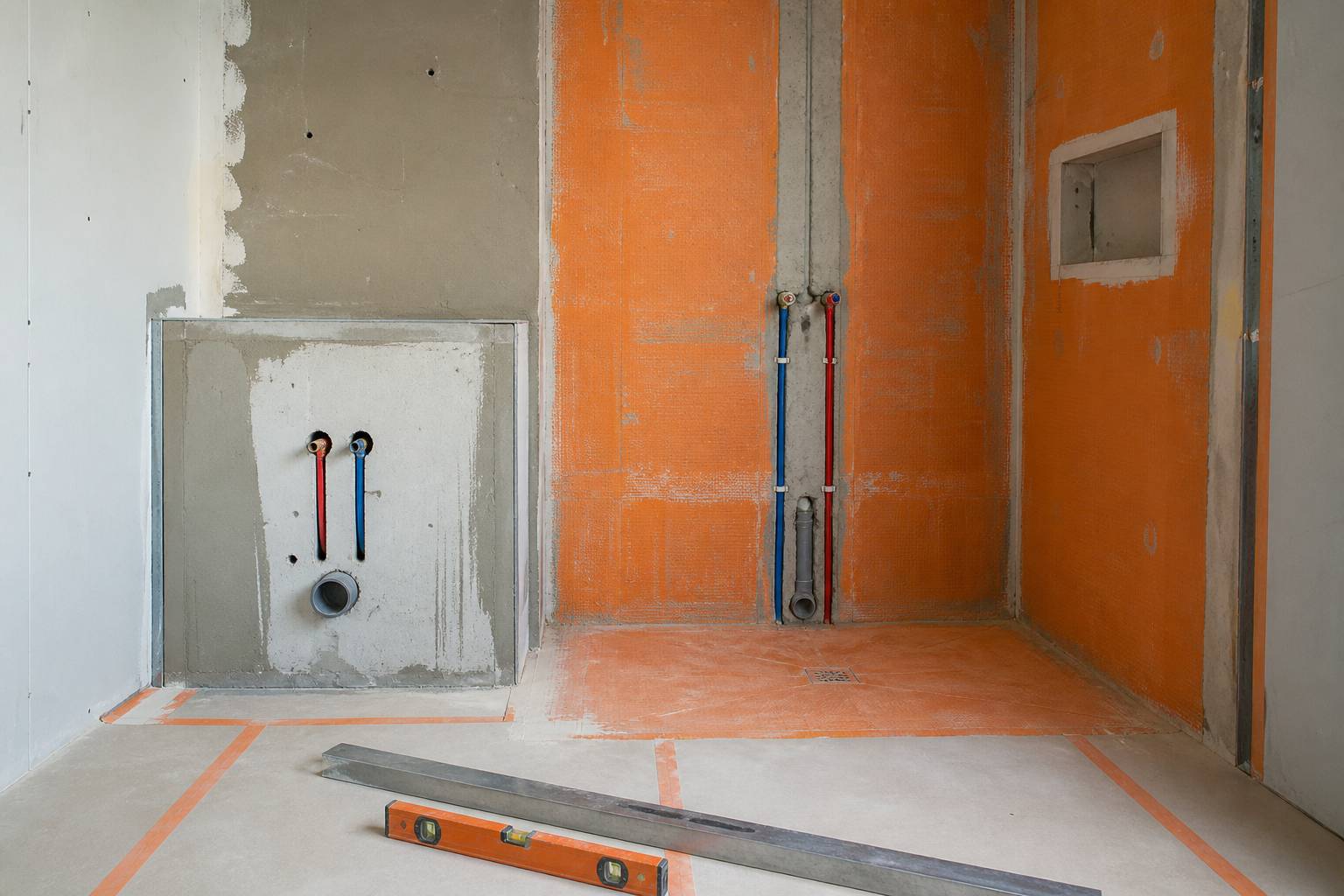 Mur de salle de bain en travaux avec réseaux d'eau visibles et membrane d'étanchéité