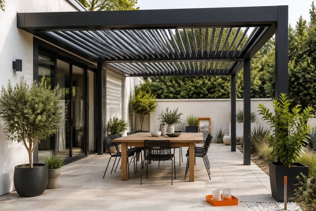 Pergola en fer forgé noir aux lignes sobres au-dessus d'une terrasse de jardin avec table en bois