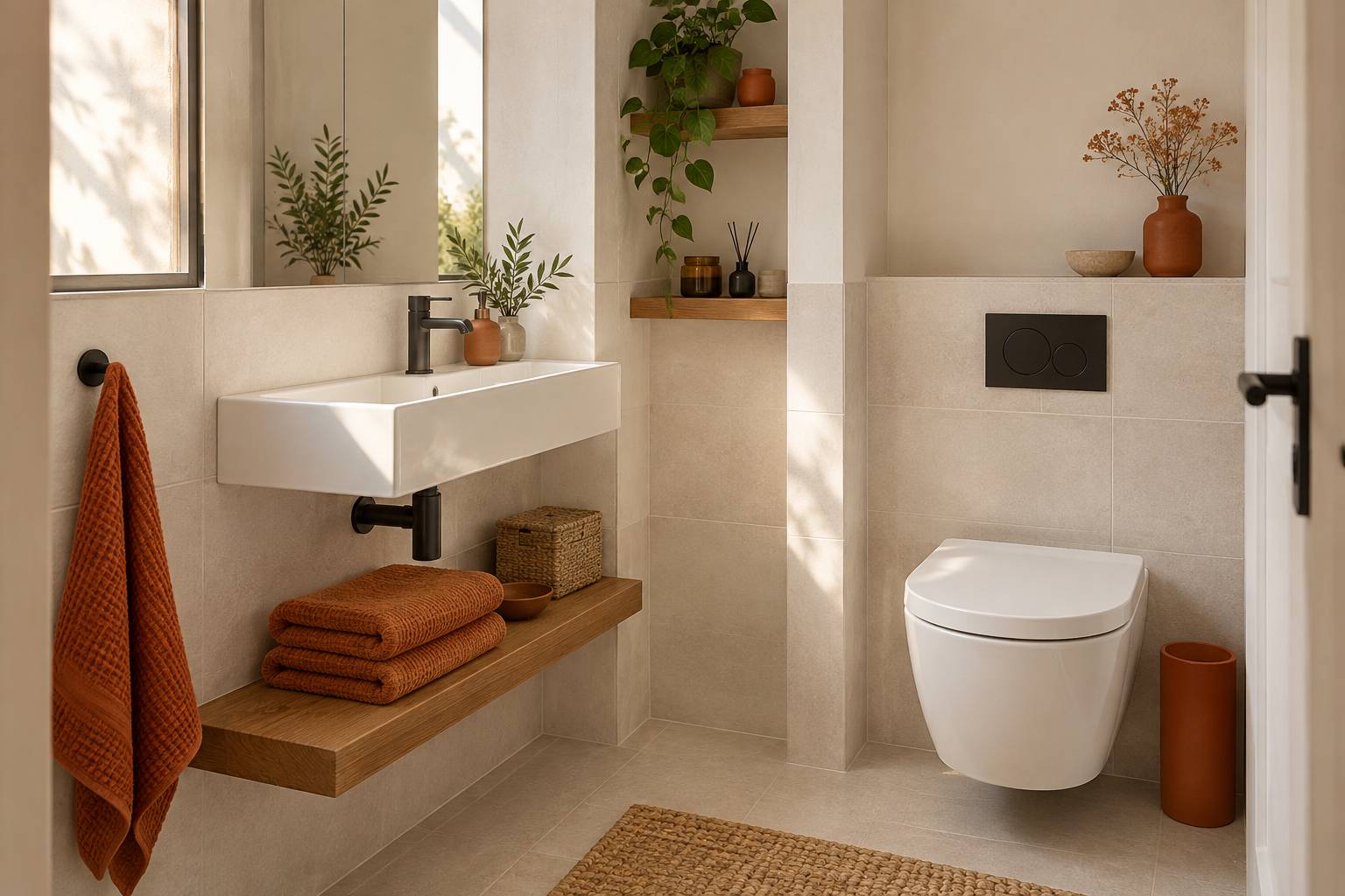 Coin vasque et rangements muraux d'une petite salle de bain claire