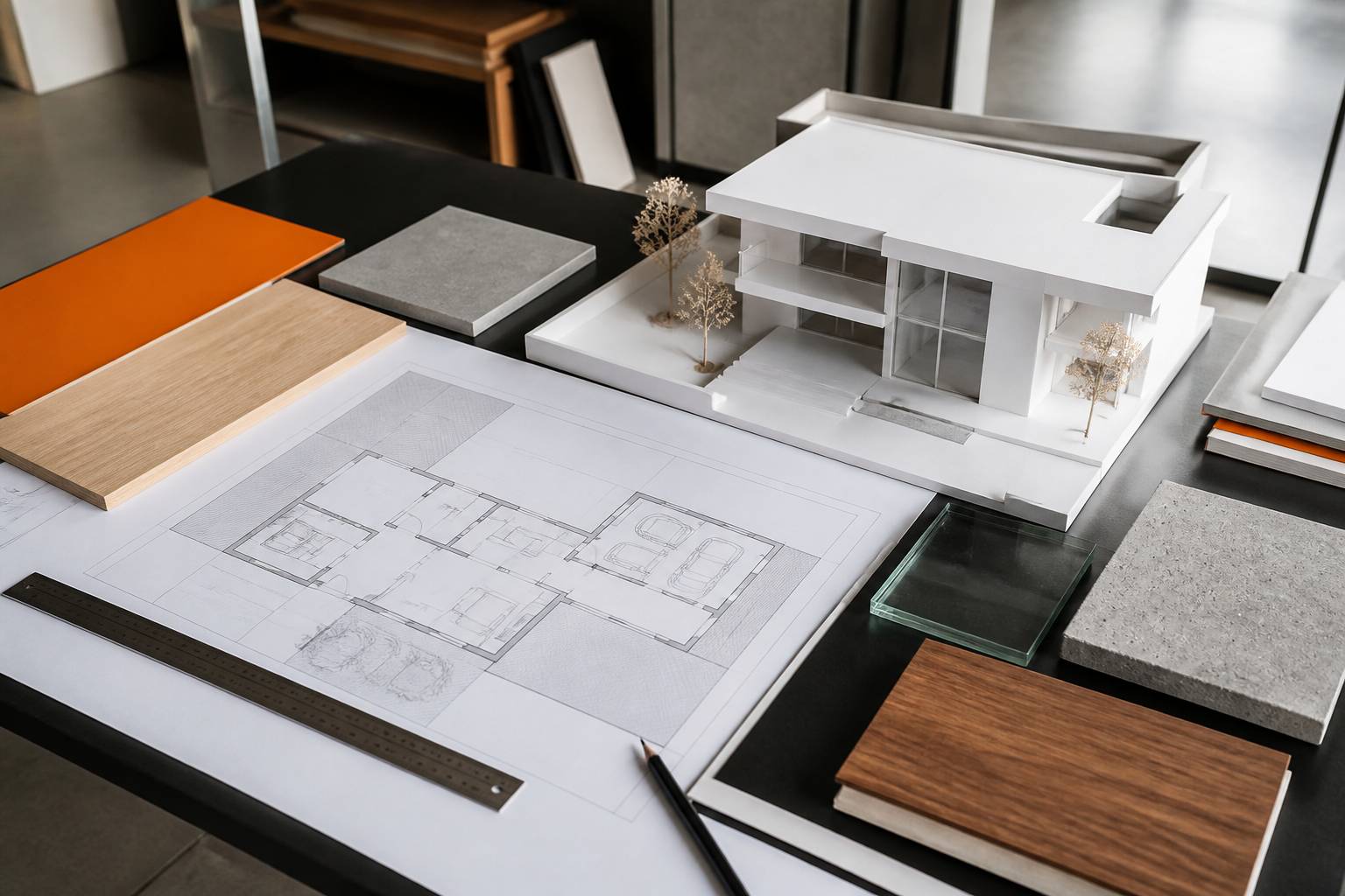 Plan d'architecture et maquette de maison moderne avec échantillons de matériaux