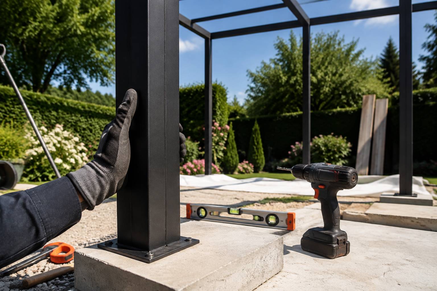 Main gantée posant un poteau de pergola en fer forgé sur un plot en béton