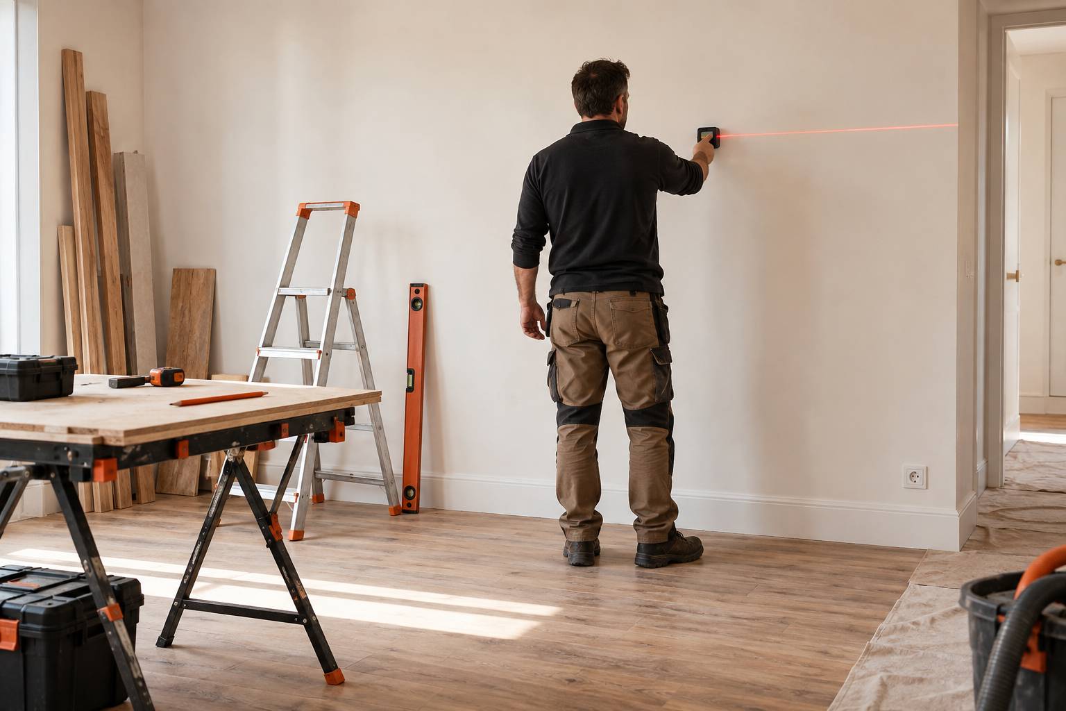 Vue large d'un artisan menuisier (vu de dos, non identifiable) prenant des mesures avec un mètre laser devant 
