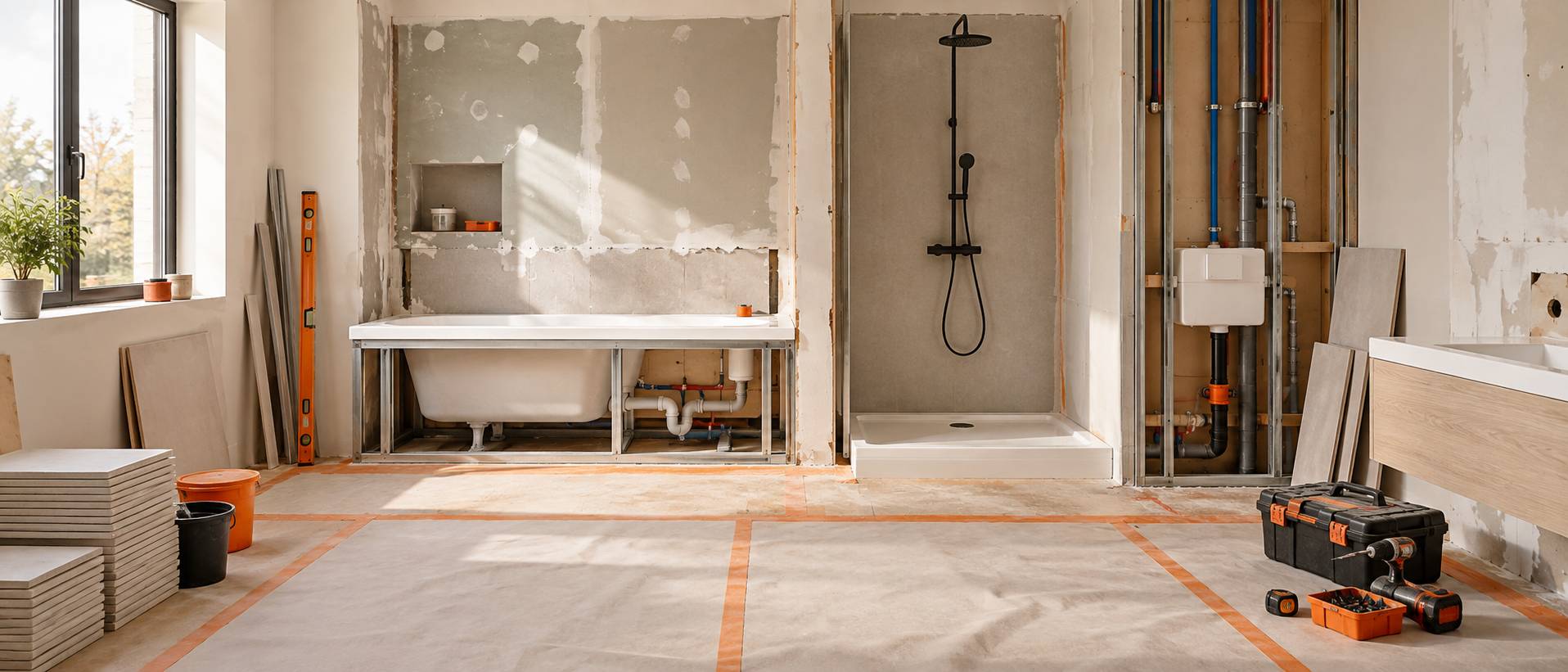 Illustration éditoriale du sujet : Refaire une salle de bain : la durée du chantier, étape par étape