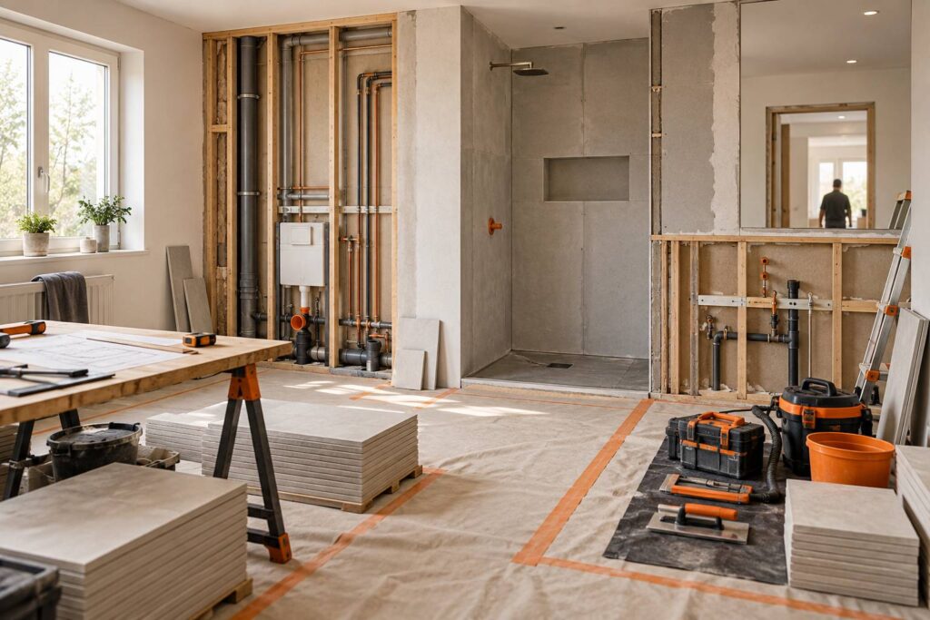 Illustration éditoriale du sujet : Refaire une salle de bain : la durée du chantier, étape par étape