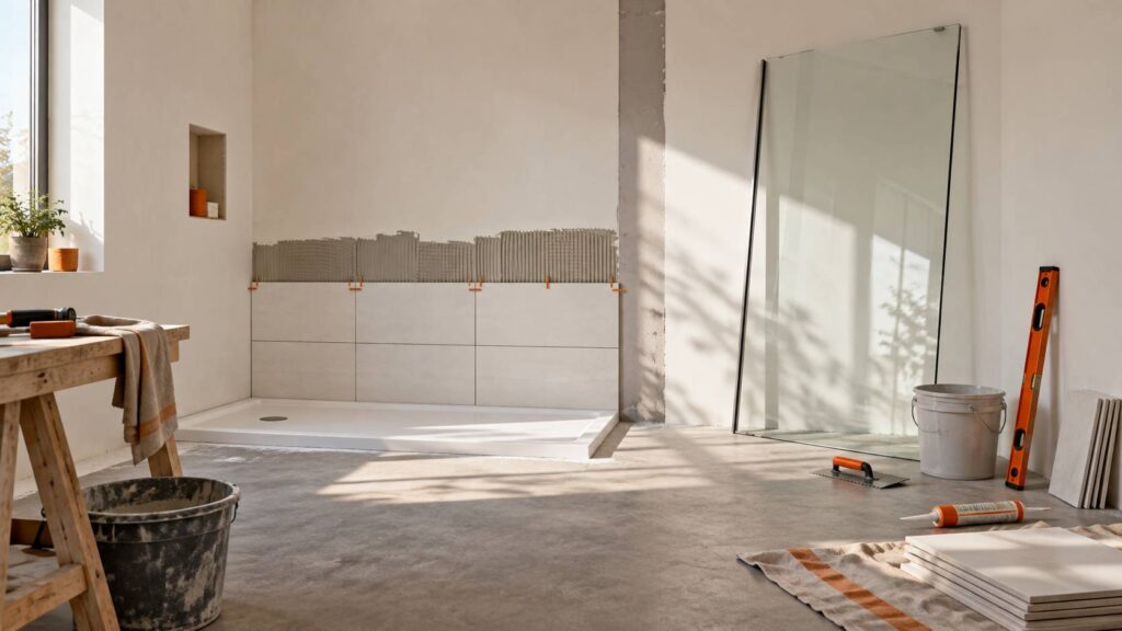 Receveur de douche extra-plat et carrelage en cours dans une salle de bain en travaux