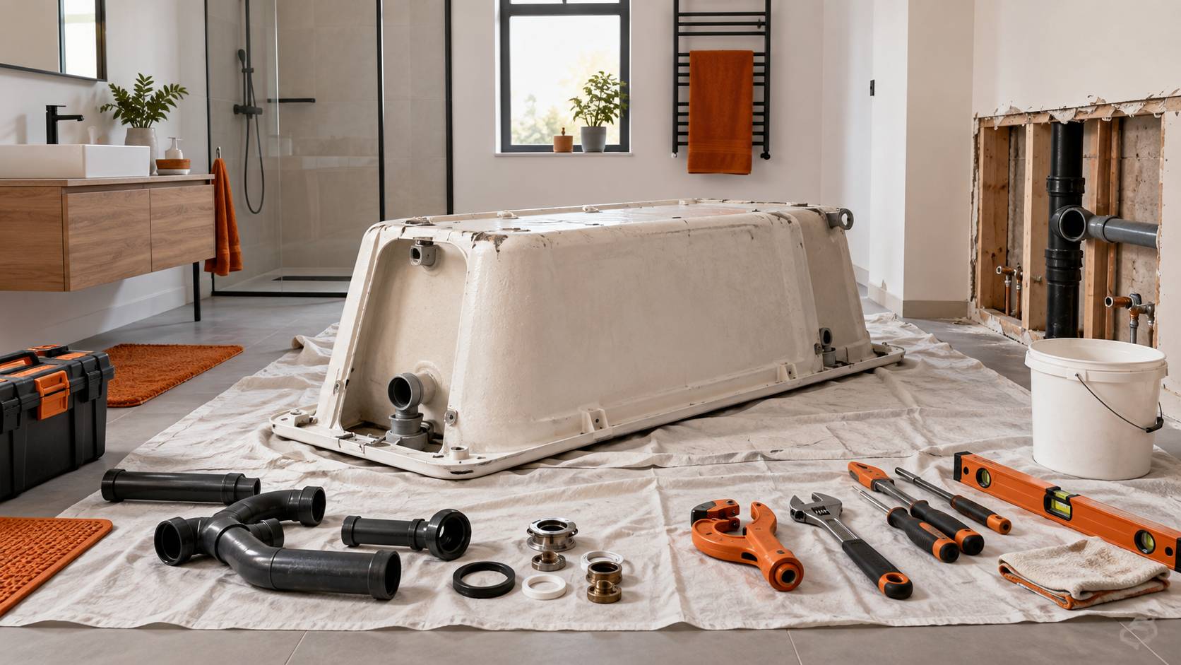 Baignoire demontee retournee sur une bache avec outils de plomberie