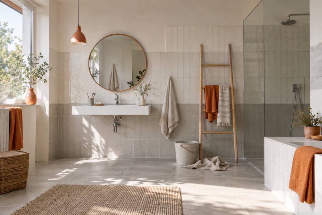 Salle de bain claire en cours de renovation avec echelle et seau