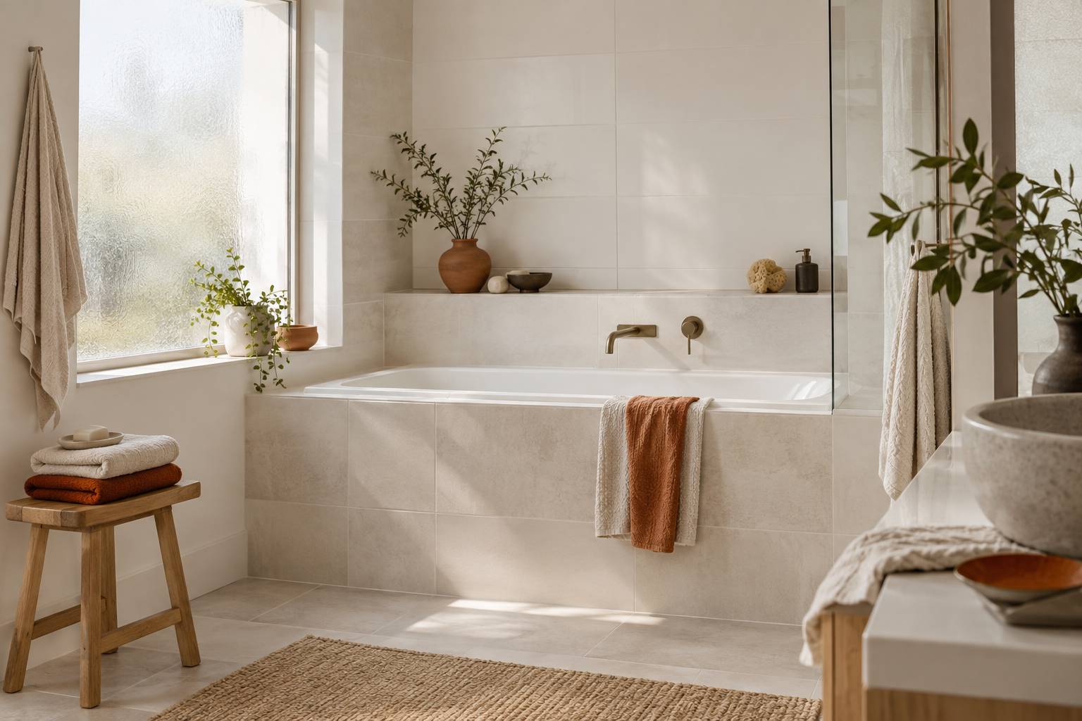 Salle de bain carrelee claire avec baignoire encastree et serviettes pliees