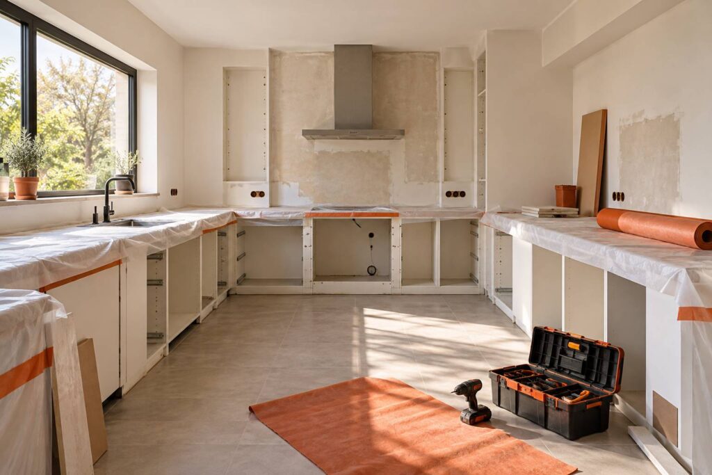 Cuisine en cours de renovation avec caisse a outils et perceuse