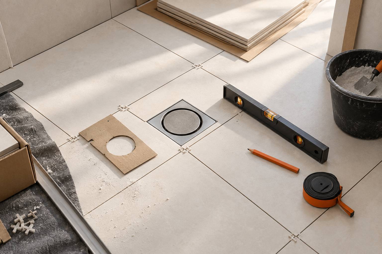Releve de chantier avec gabarit et niveau sur un sol de salle de bain