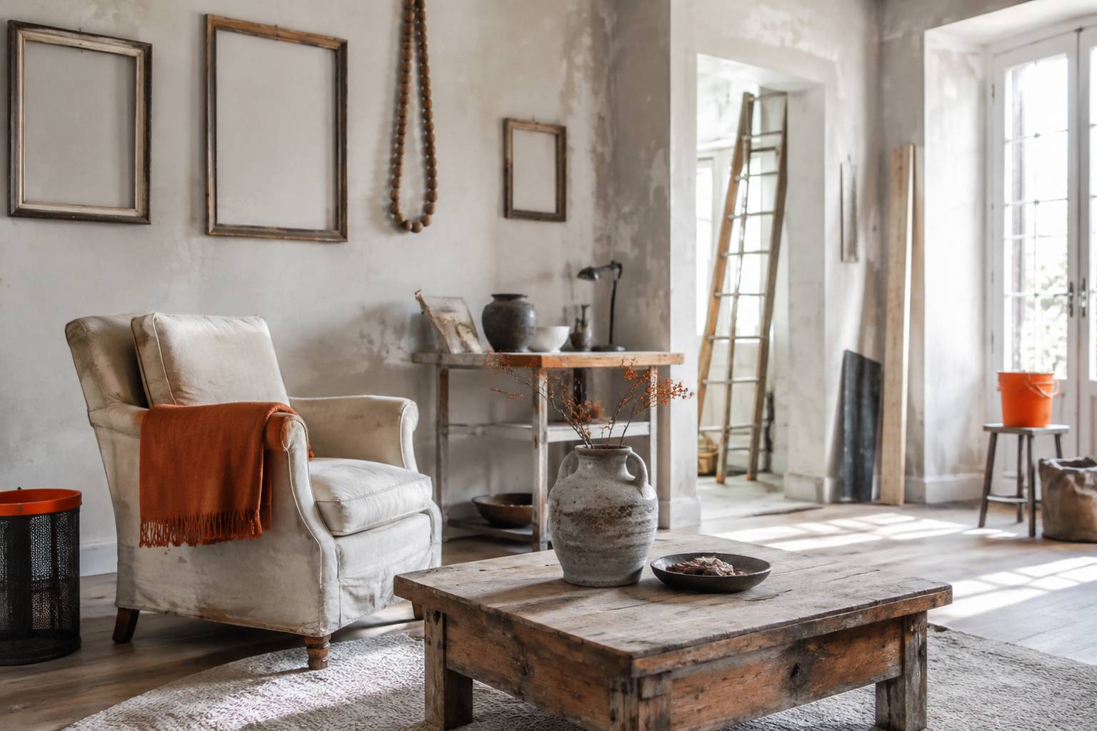Coin salon shabby chic avec fauteuil patiné et bois vieilli