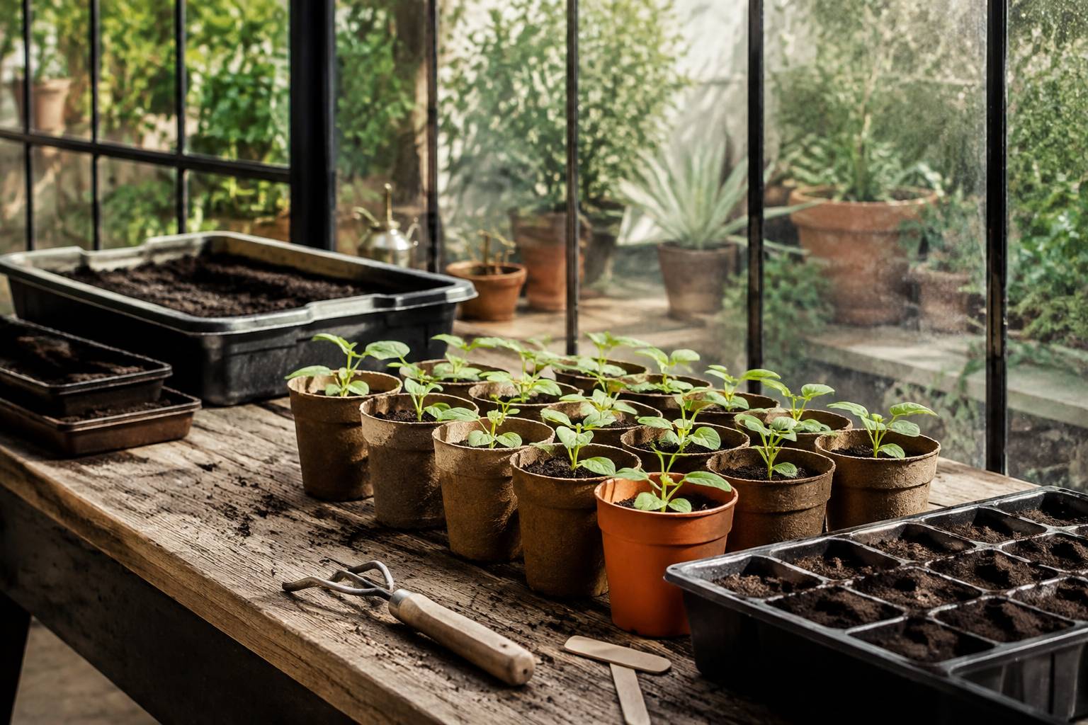 Jeunes plants de physalis en godets biodégradables sur une table de semis avec terreau