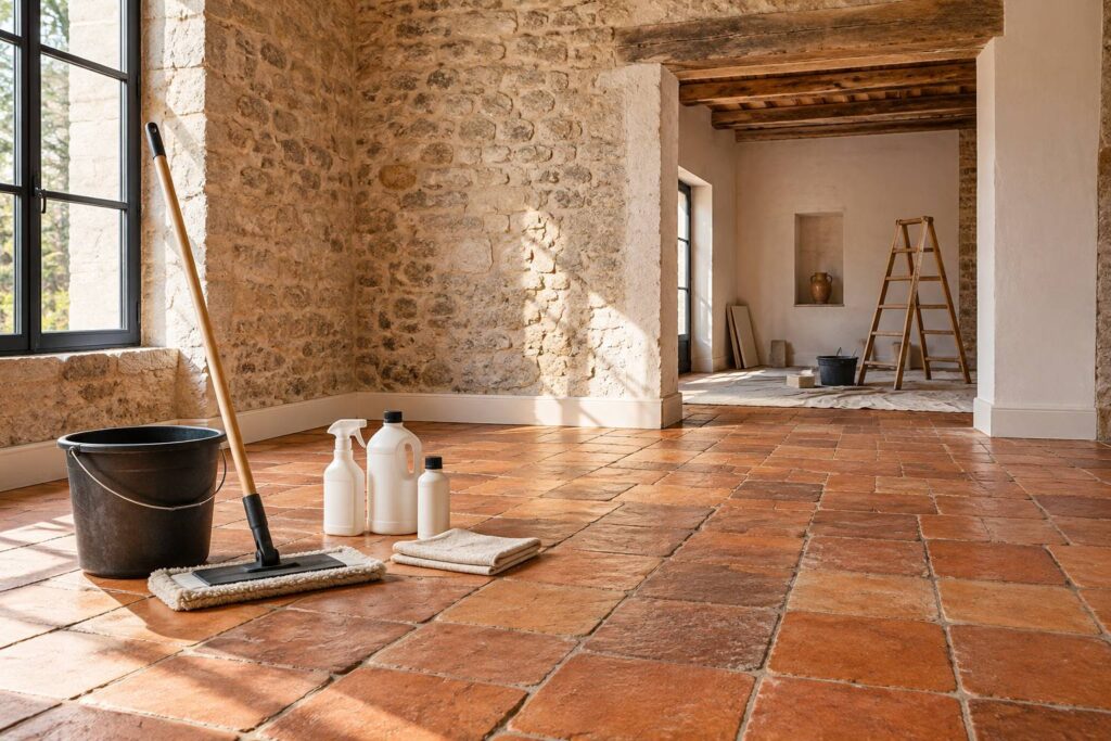 Sol en tomettes anciennes avec seau et balai pour la rénovation