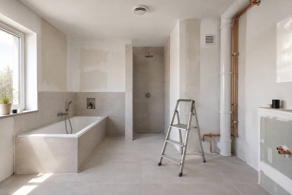 Salle de bain en renovation avec bouche d'extraction au plafond